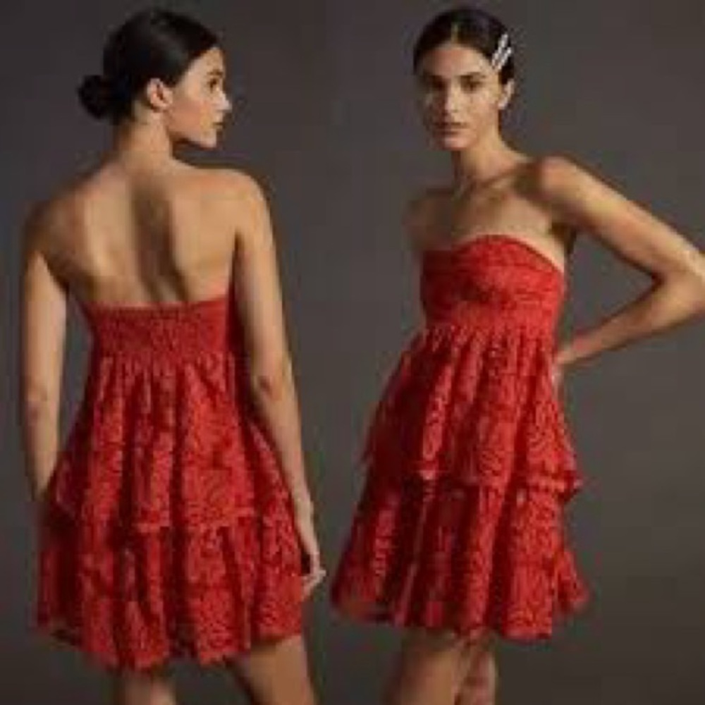 Maeve Anthropologie Strapless Red Lace Dress Size XS‎ EUC